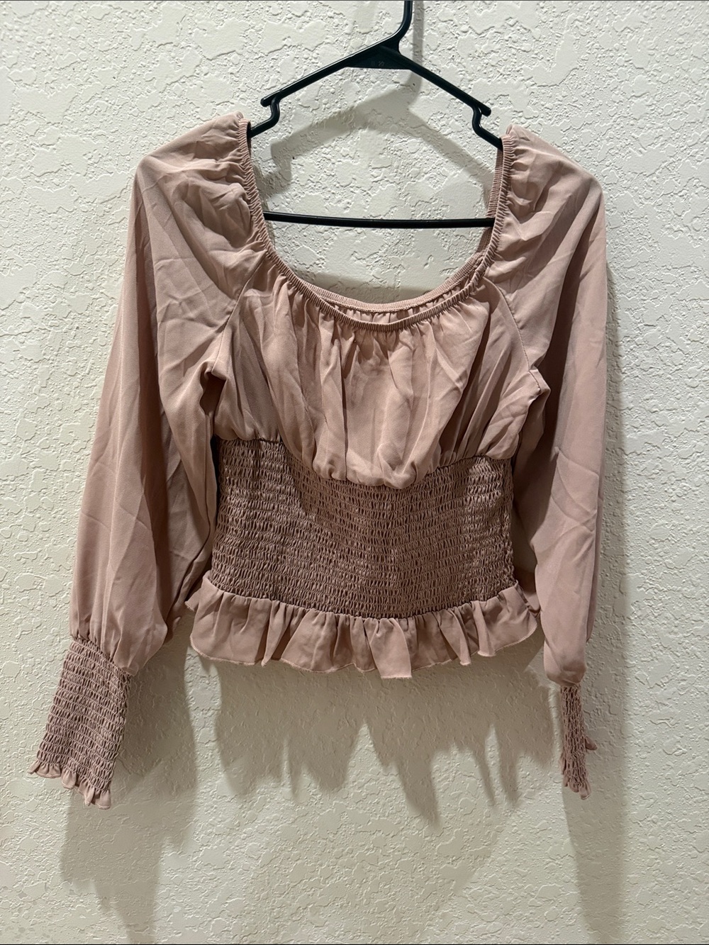 Smocked Waist Long Sleeve Peasant Top - Blush
